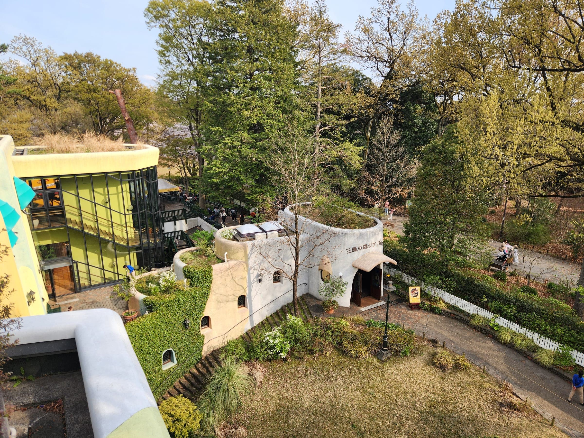 The museum grounds and rooftop garden from above, with Inokashira Park behind
