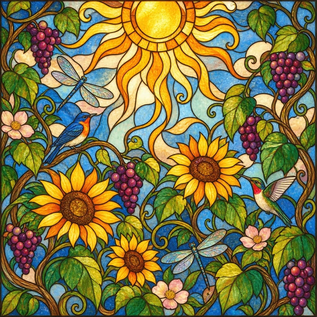 A stained-glass style artwork of a sun over climbing vines and flowers